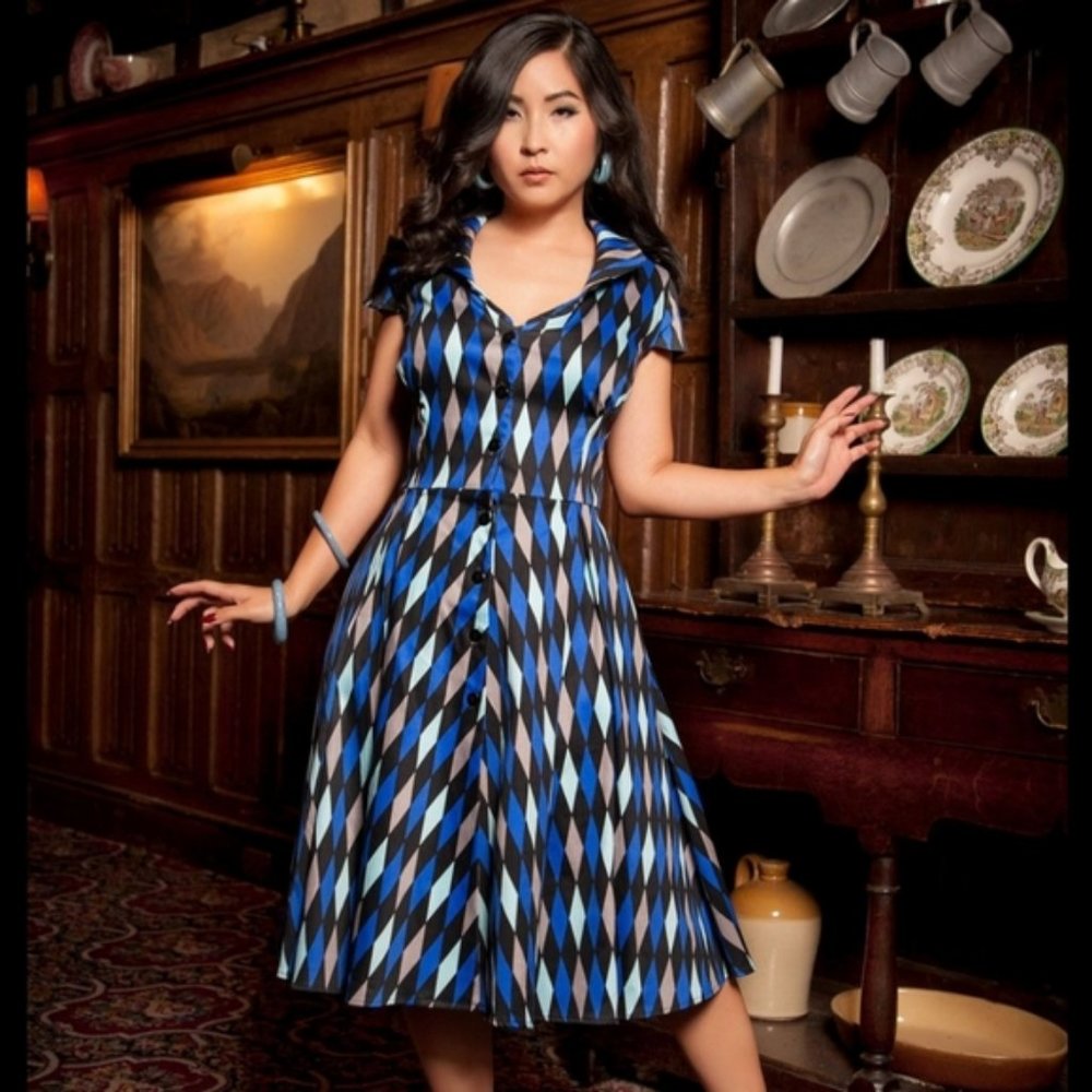 Blue and Grey Harlequin Dress — Pinup Girl Clothing (PUG) — XL — rare, vintage